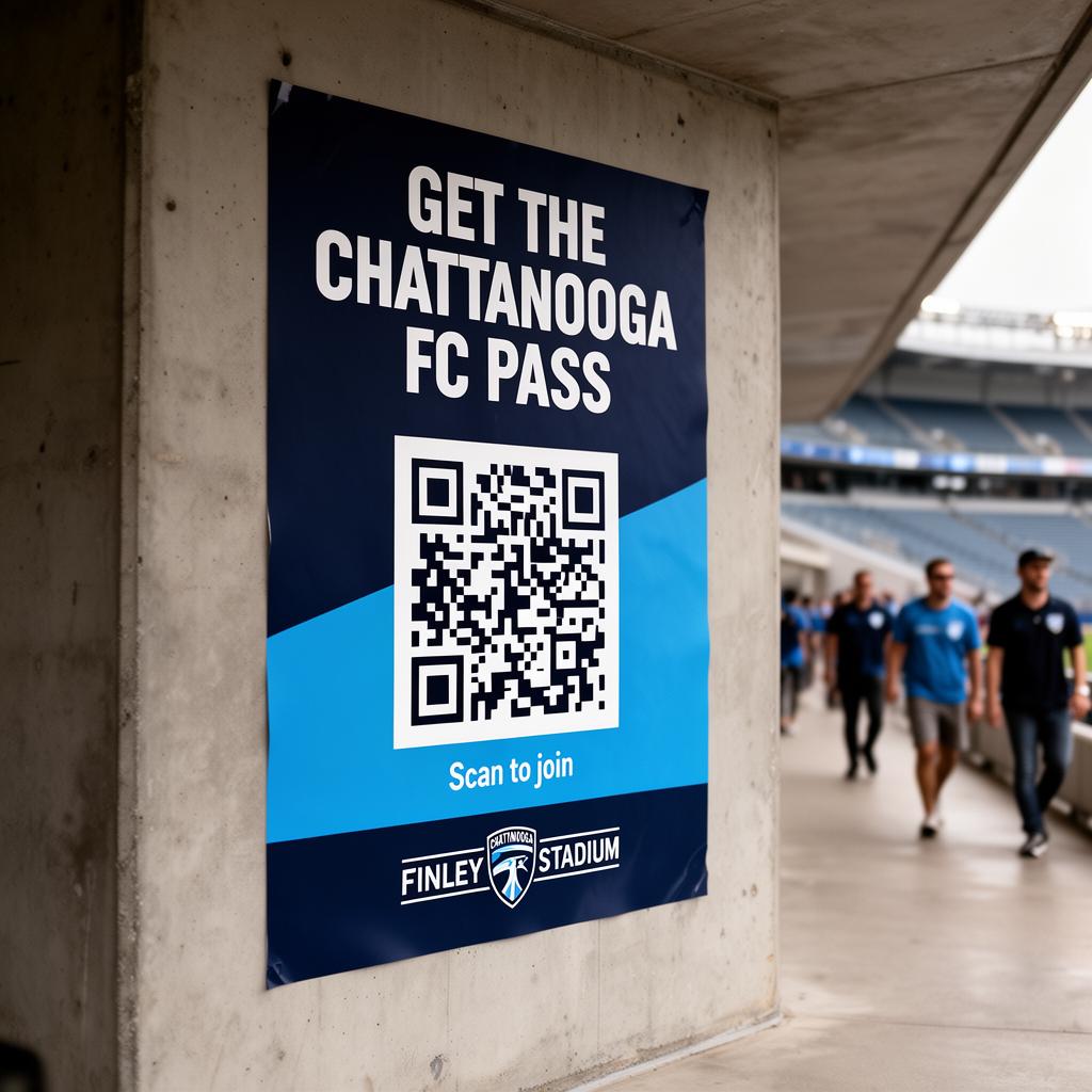 Chattanooga FC Pass QR poster at Finley Stadium